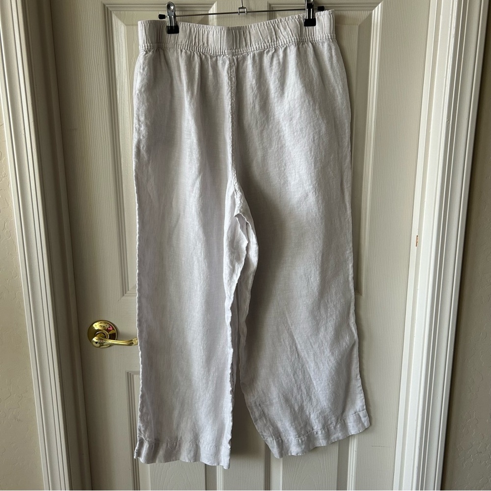 Tahari White Linen Wide Leg Elastic-Waist Pants, Women’s Large, Summer Coastal
